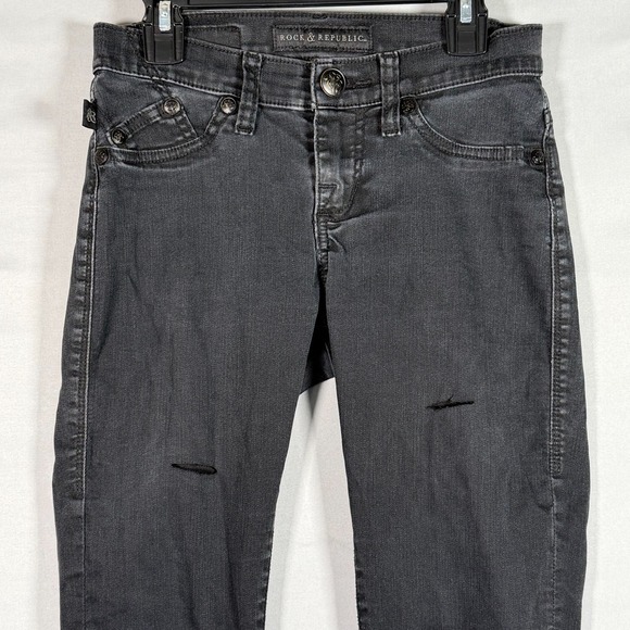 ROCK & REPUBLIC - Women Black Distressed Ripped Size 2 26x30 Rise 7.5" - Picture 2 of 10